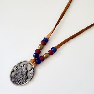 Pewter and Suede Wolf Necklace